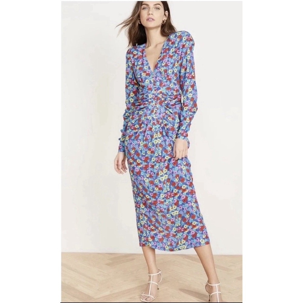 ROTATE Birger Christensen Heather Gathered Dress US 4 Blue Floral Poppy